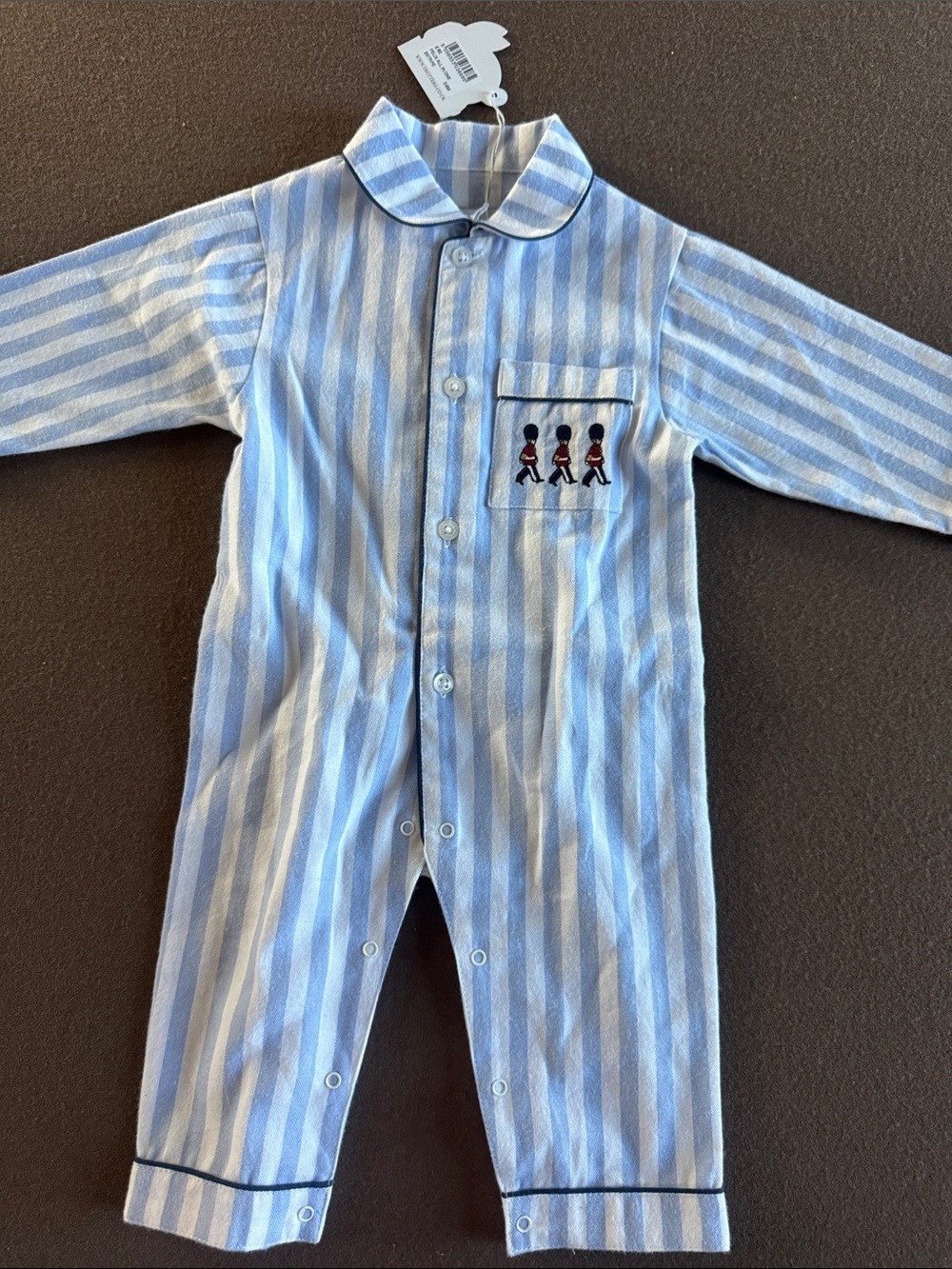 Trotters Light Blue and White Striped Footie with Embroidered Guards